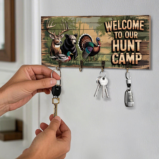 Vintage Hunting Key Holder – Welcome to Our Hunt Camp | Rustic Wall Organizer