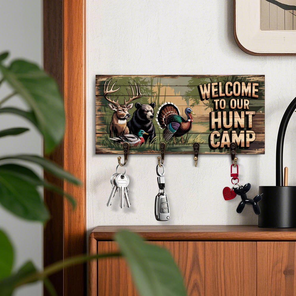 Vintage Hunting Key Holder – Welcome to Our Hunt Camp | Rustic Wall Organizer