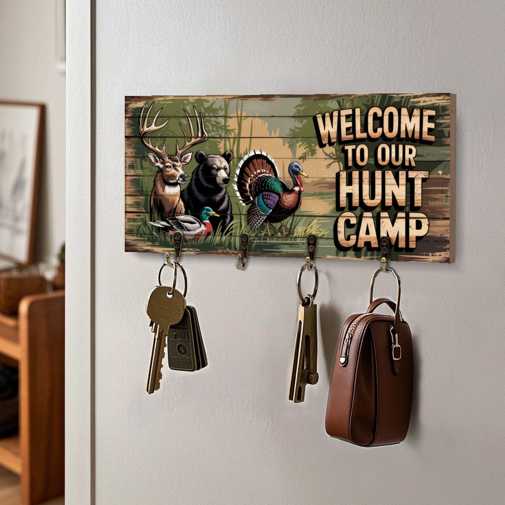 Vintage Hunting Key Holder – Welcome to Our Hunt Camp | Rustic Wall Organizer